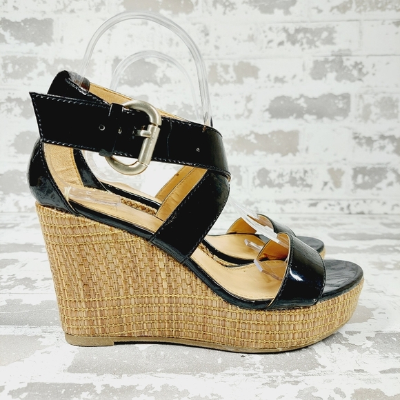 NY&C Black Faux Leather Wedge Heel Platform Sandals M819 - Picture 5 of 13